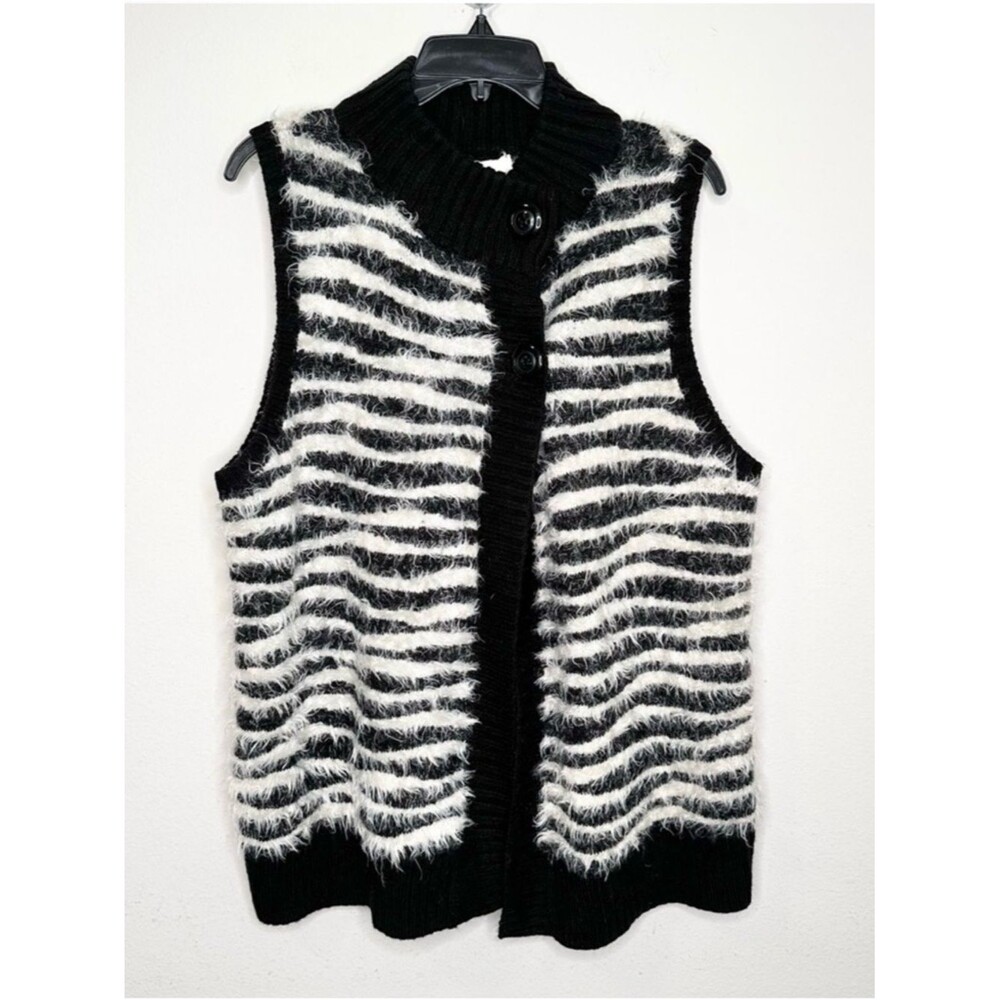 Chico's Black & White Fuzzy Furry Zebra Stripe Knit Vest 2 12 L